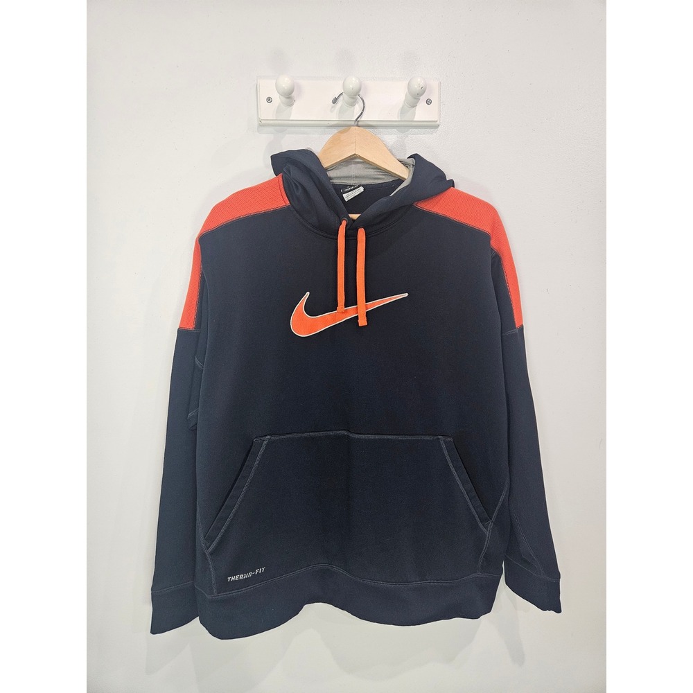 Nike Therma-FIT Mens XL Navy Blue Orange Colorblock Pullover Hoodie Swoosh Logo